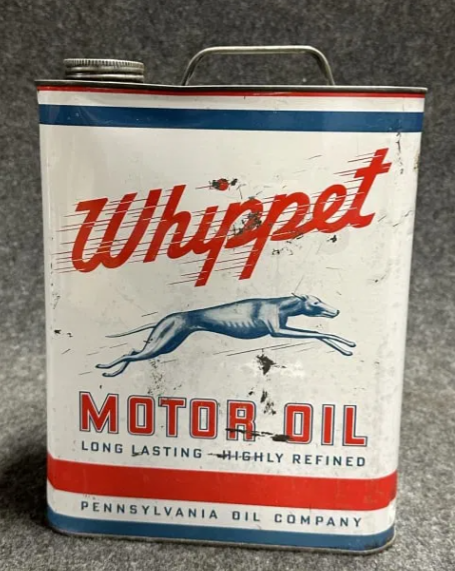 Whippet 2 Gallon Motor Oil Can by Pennsylvania Oil Co with Greyhound