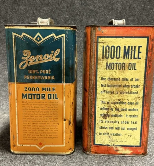 Zenoil & 1000 Mile Two Gallon Motor Oil Co Cans
