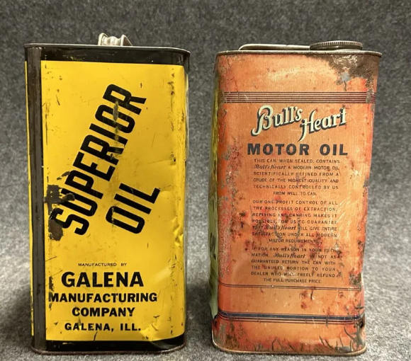 Superior Trans Oil Galena & Bulls-Heart Two Gallon Motor Oil Cans