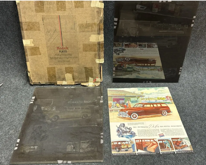 Plymouth Deluxe Glass 20″ Tall Advertising Slides with Kodak Box