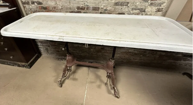 Porcelain Embalming Medical Exam Table with Ornate Rolling Cast Iron Base