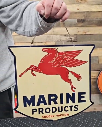 Socony-Vacuum Marine Products with Mobil Pegasus DST Shield Hanging Sign