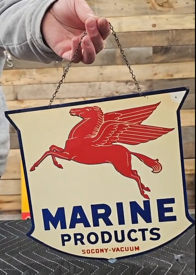 Socony-Vacuum Marine Products with Mobil Pegasus DST Shield Hanging Sign