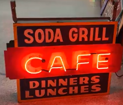 Soda Grill Cafe Dinners Lunches Two-Sided Painted Metal Neon Sign