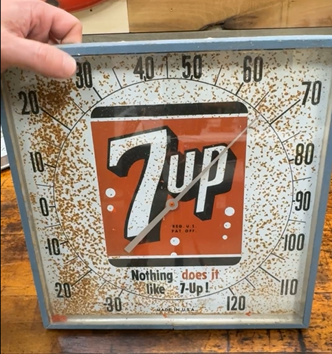 7Up Nothing Does It Glass Faced 12 Inch Square Dial Thermometer
