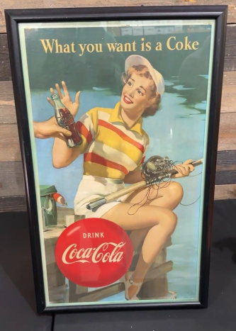 Coca-Cola Fishing Girl Cardboard Lithograph Sign