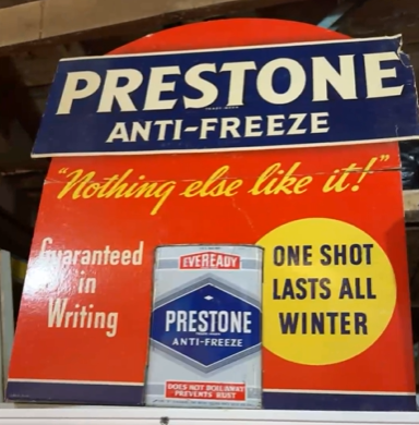 Prestone Anti-Freeze Cardboard Easel-Back Sign with SST Anti-Freeze Can