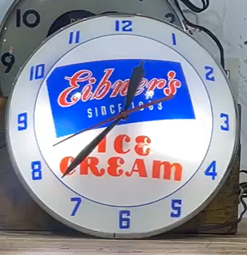 Eibner’s Ice Cream Since 1883 Double Bubble Glass Faced Clock