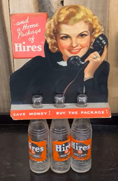 And a Home Package of Hires Root Beer Die Cut Cardboard Three-Bottle Bottle Topper