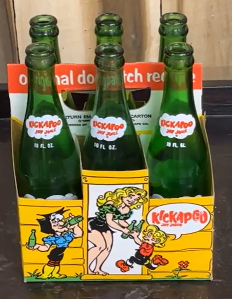Kickapoo Joy Juice Cardboard Six-Pack Holder with Bottles